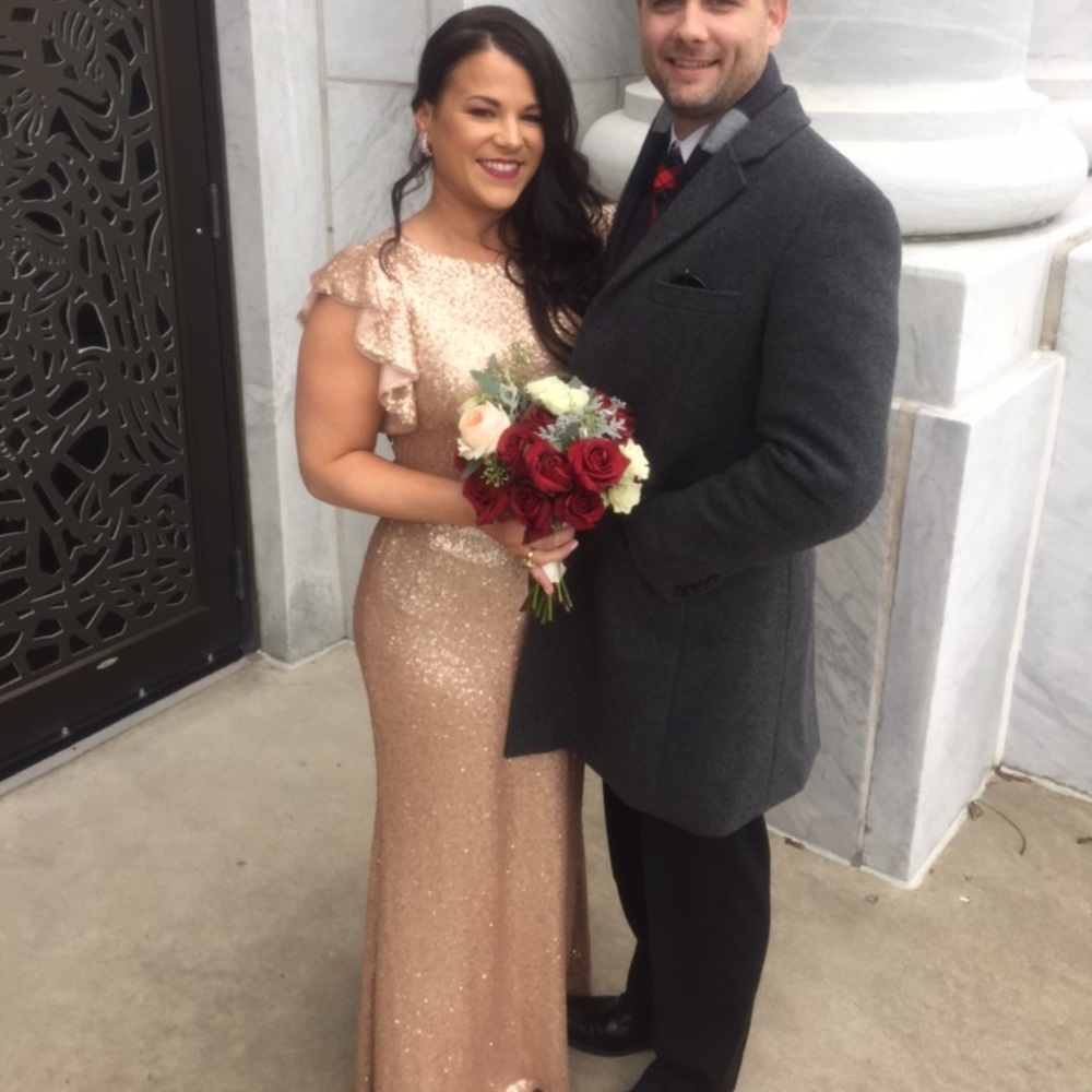 Full length rose gold sequin Theia gown size 6